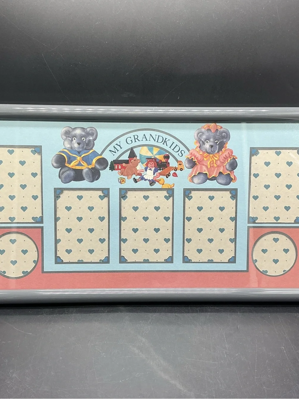 Vintage My Grandkids Photo Collage Frame with Blue and Pink Teddy Accents